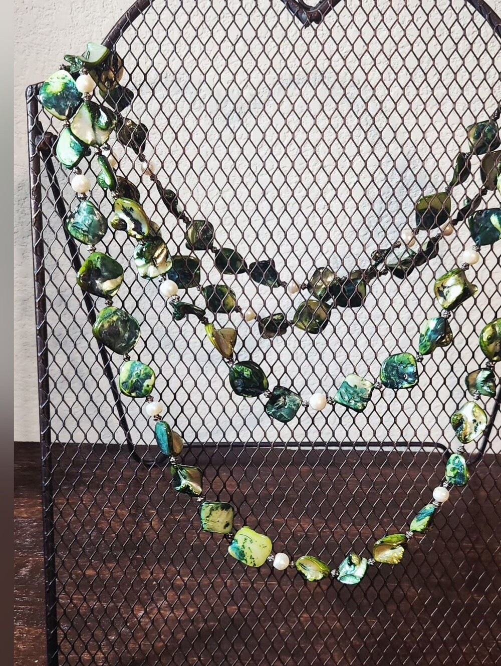 Handmade Green Mother-of-Pearl & Pearl LongStrand Necklace.